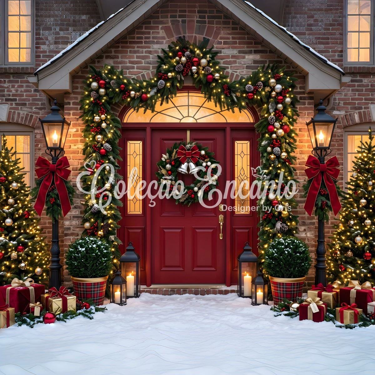 Merry Christmas Backdrop Burgundy Door Garland Lantern Porch Christmas Backdrop CEM65-76