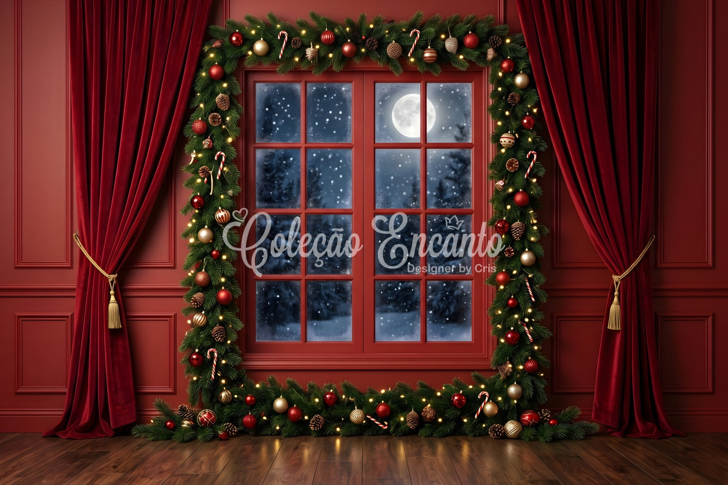 Christmas Backdrops Sale Crimson Moonlit Window Garland Photography Christmas Backdrop CEM65-77