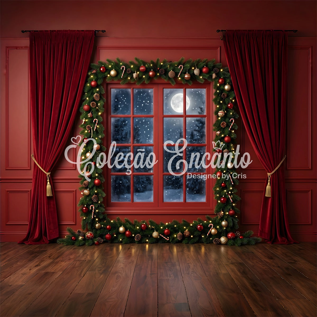 Christmas Backdrops Sale Crimson Moonlit Window Garland Photography Christmas Backdrop CEM65-77
