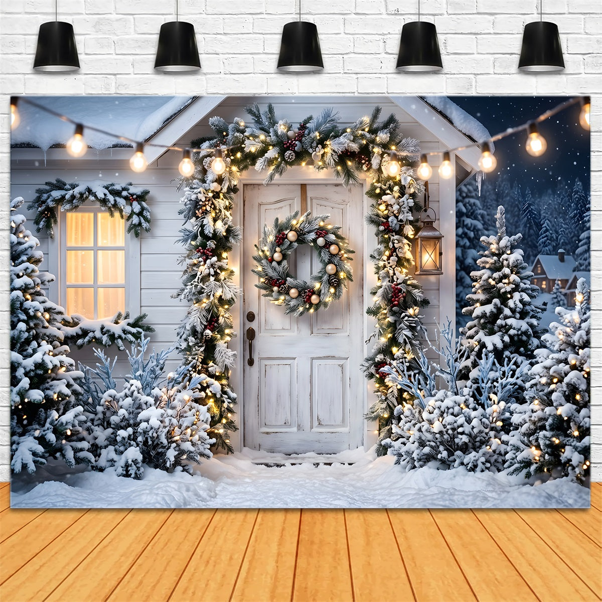 Christmas Backdrops For Photos Snowy White Porch Wreath Christmas Photobooth Backdrop CEM65-78