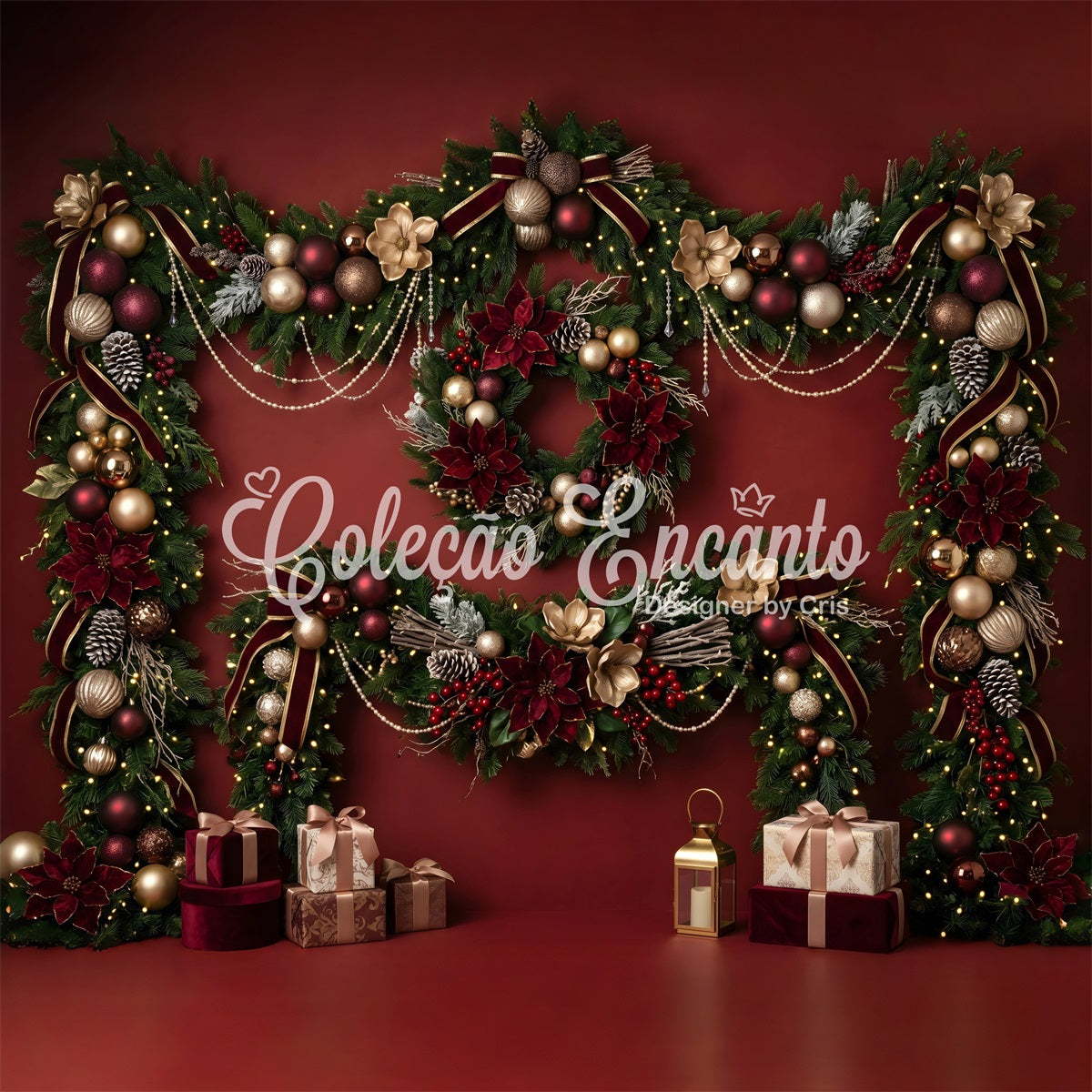 Red Christmas Backdrop Burgundy Poinsettia Garland Gift Christmas Backdrop Photoshoot CEM65-82