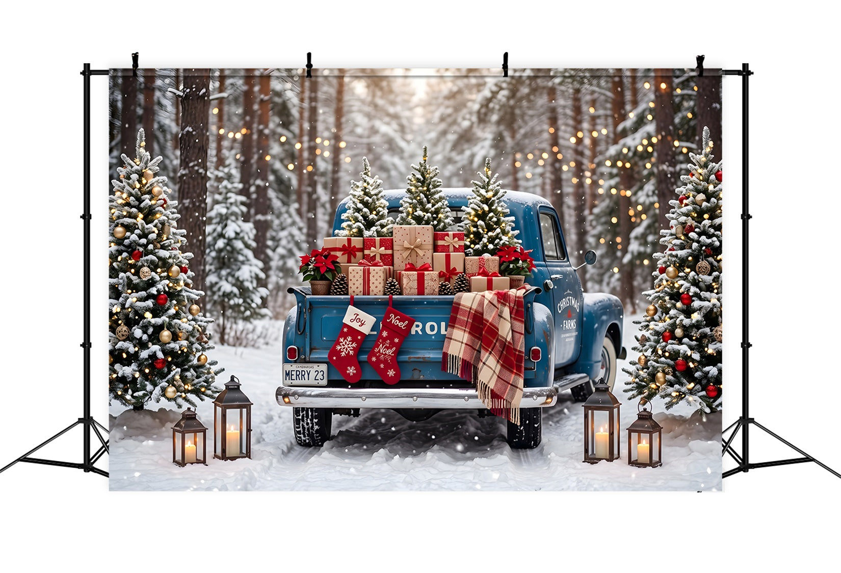 Professional Christmas Backdrops Vintage Blue Truck Snowy Forest Backdrop Christmas CEM65-84