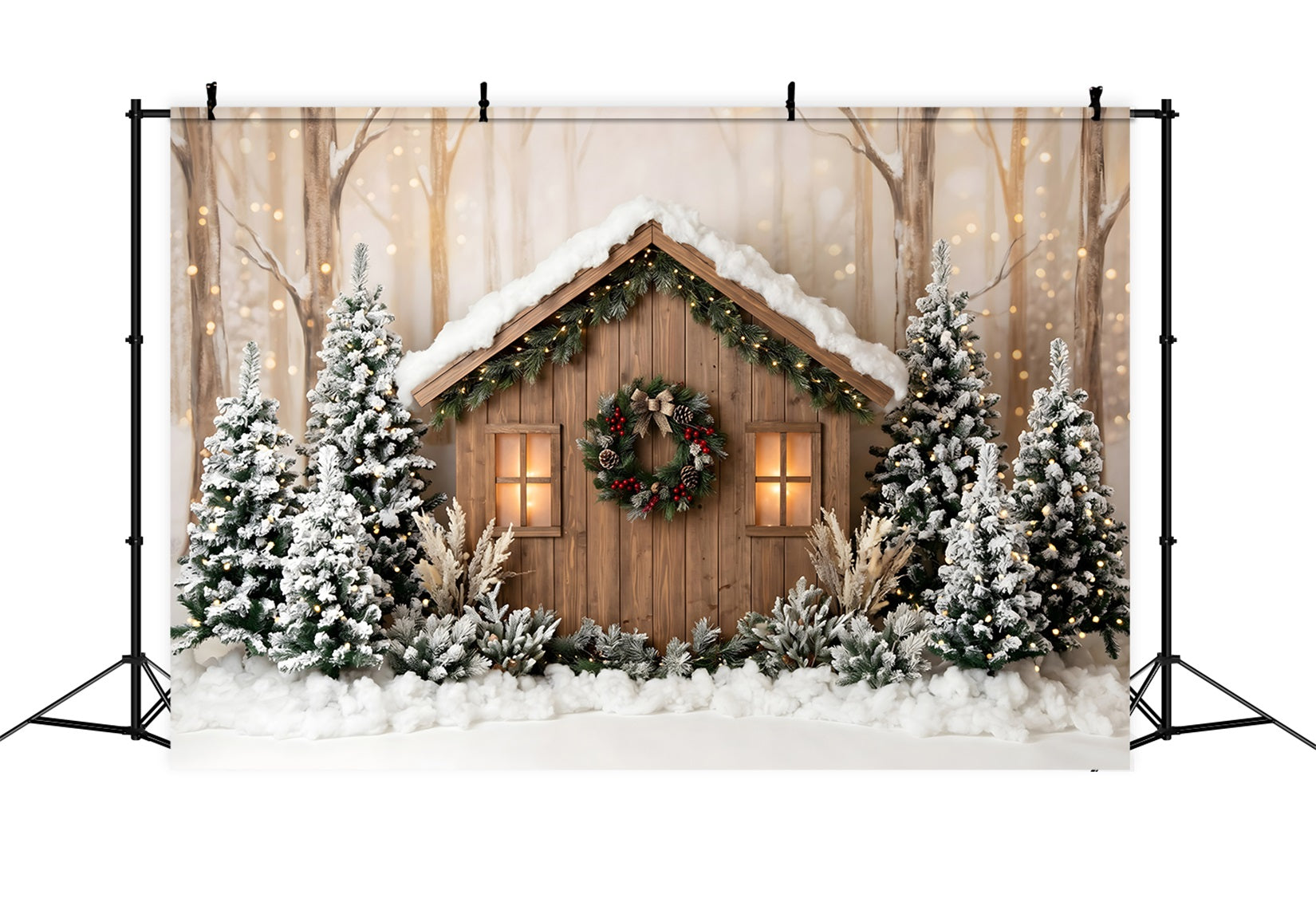 Outdoor Christmas Backdrop Snowy Woodland Cabin Pine Lights Christmas Backdrops CEM65-87