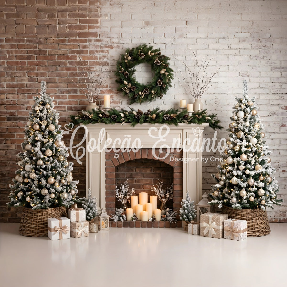 Christmas Backdrop Photography Frosted Fireplace Candle Trees Christmas Photo Backdrop CEM65-88