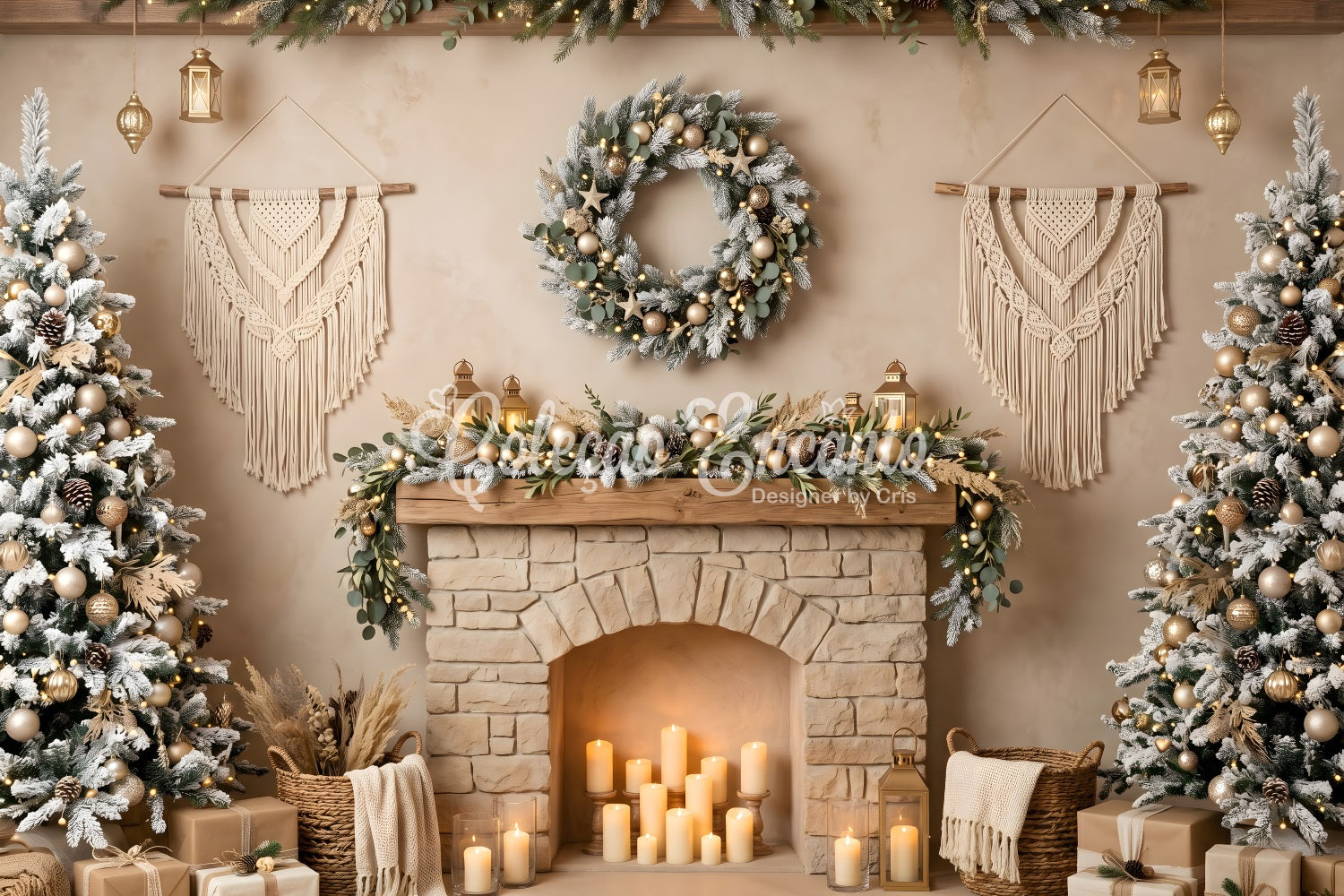 Christmas Picture Backdrop Boho Macrame Fireplace Candle Trees Christmas Backdrop CEM65-89