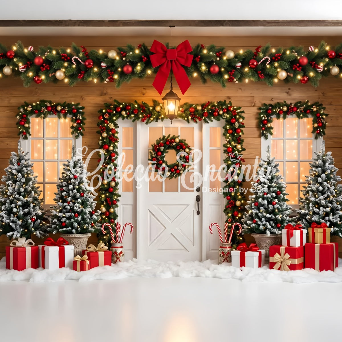 Christmas Photo Backdrop Ideas Red Bow Door Garland Gifts Christmas Backdrop Ideas CEM65-90