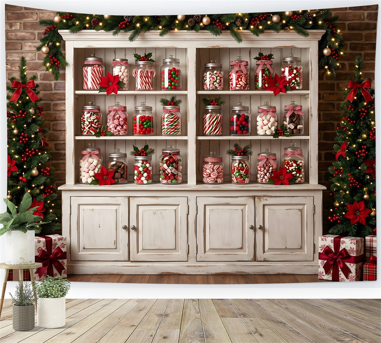 Christmas Photo Booth Backdrop Candy Jar Cabinet Poinsettia Trees Christmas Backdrops CEM65-91