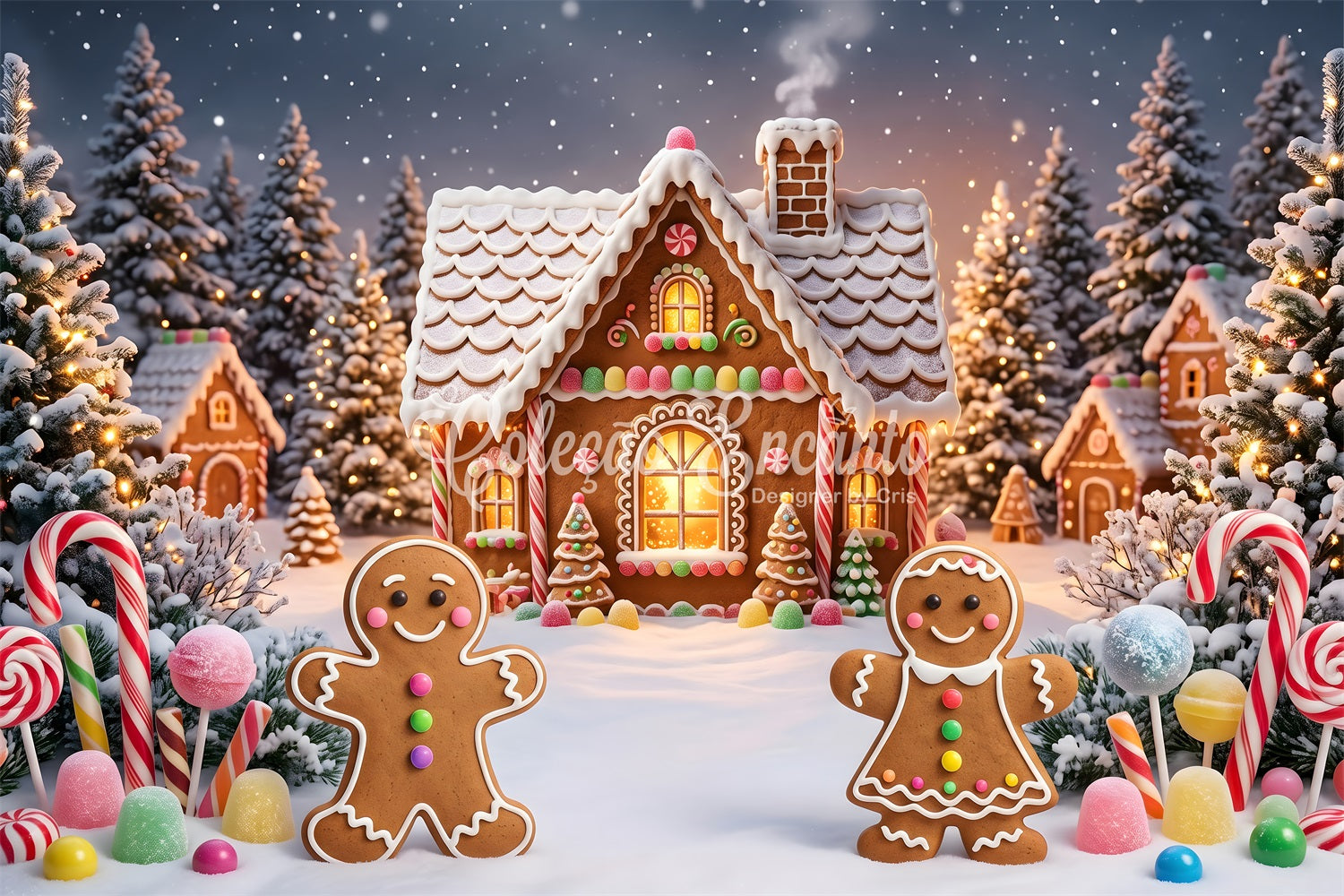 Christmas Village Backdrop Gingerbread Cottage Snow Forest Christmas Backdrops CEM65-93