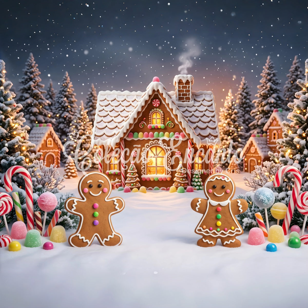 Christmas Village Backdrop Gingerbread Cottage Snow Forest Christmas Backdrops CEM65-93
