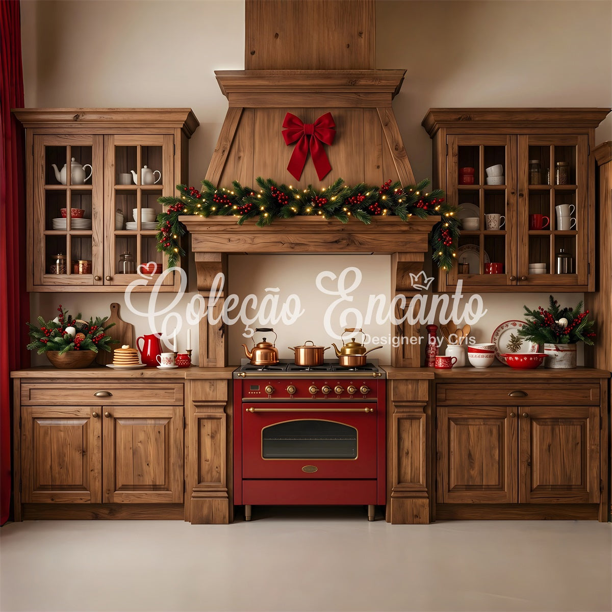 Christmas Kitchen Backdrop Rustic Holiday Pine Garland Christmas Photography Backdrops CEM65-96