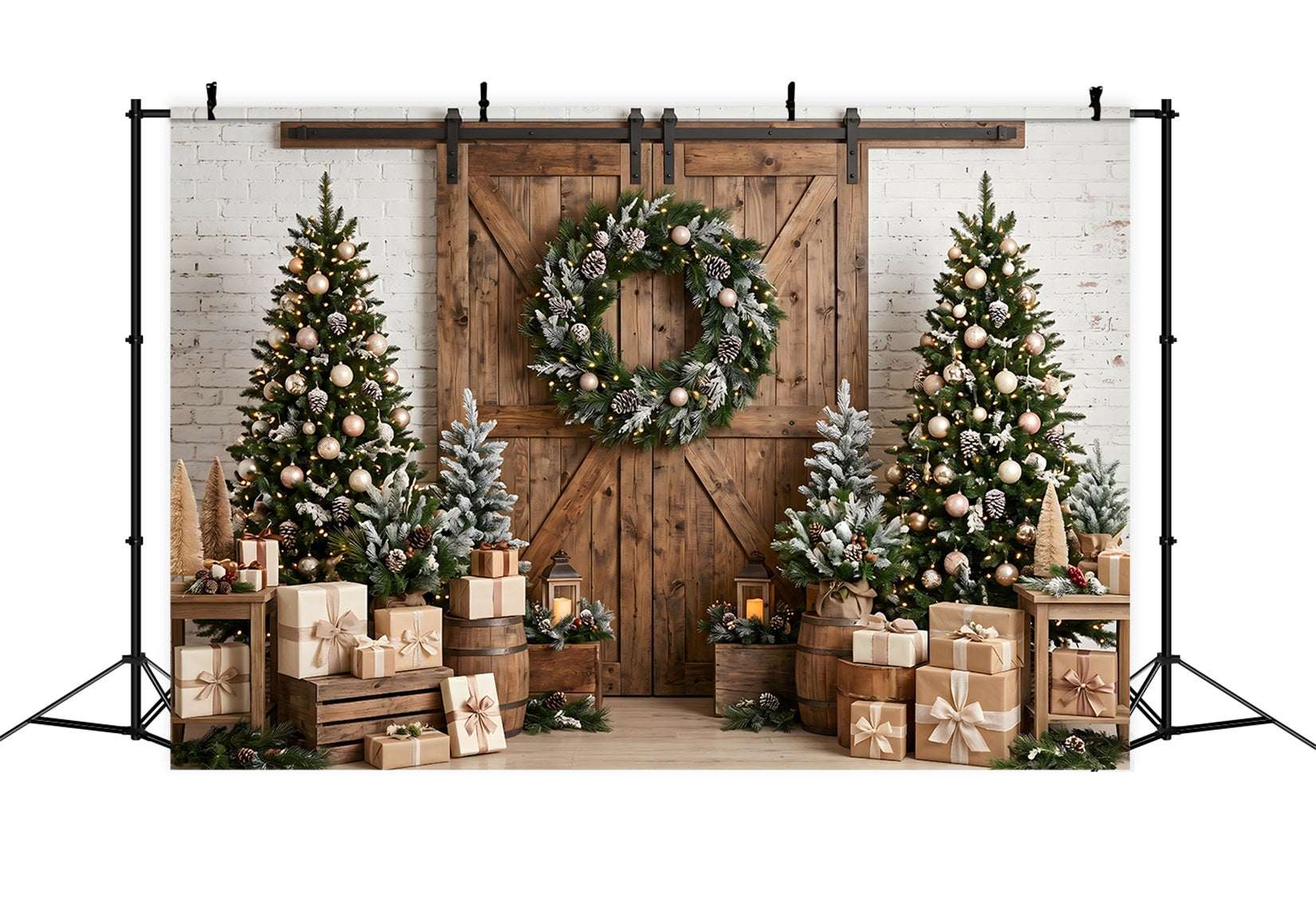 Christmas Theme Backdrop Rustic Barn Door Wreath Trees Christmas Backdrop Photography CEM65-97