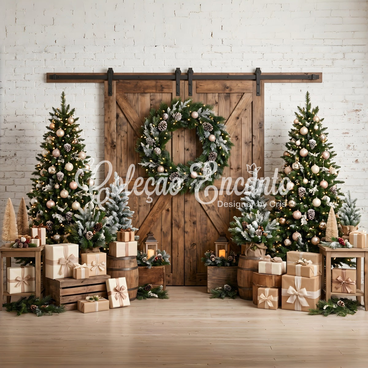 Christmas Theme Backdrop Rustic Barn Door Wreath Trees Christmas Backdrop Photography CEM65-97