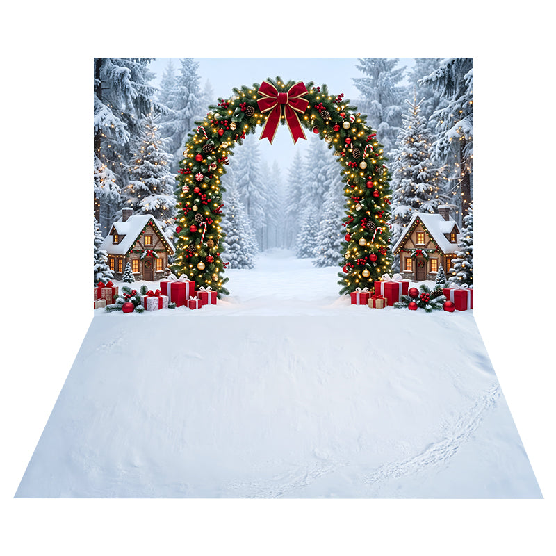 Snowy Cottage Garland Arch Backdrop+Smooth Snowy Ice Floor Backdrop CEMCBS65-17