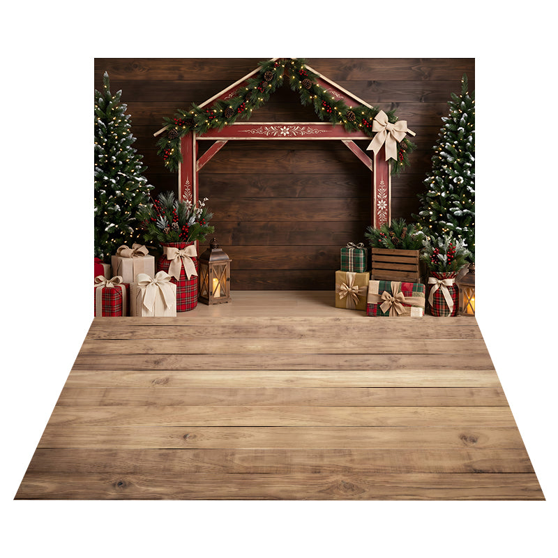 Rustic Holiday Market Stall Backdrop+Natural Wood Planks Floor Backdrop CEMCBS65-30