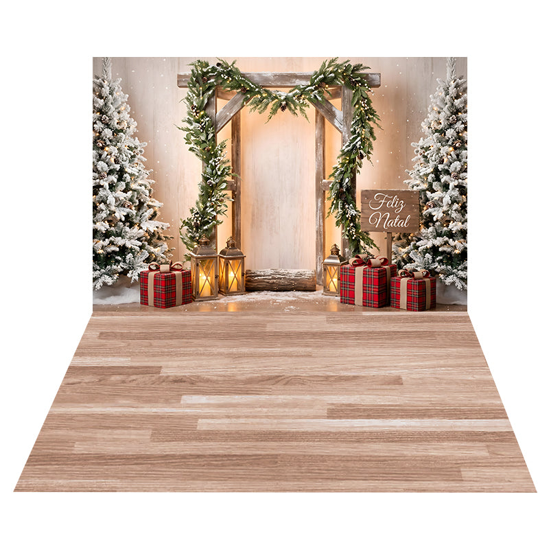 Snowy Rustic Garland Arch Backdrop+Light Oak Planks Floor Backdrop CEMCBS65-32