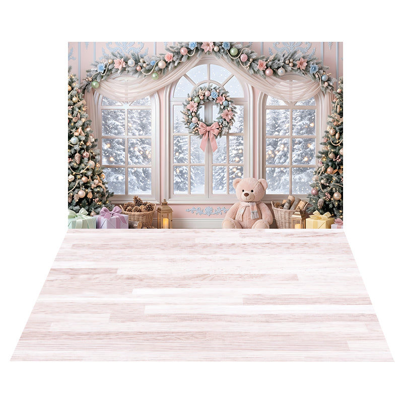 Pastel Teddy Window Scene Backdrop+Pale Blush Wood Floor Backdrop CEMCBS65-33
