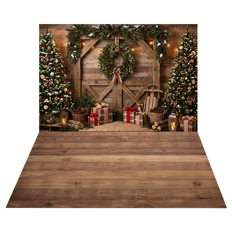 Rustic Wreath Barn Doors Backdrop+Warm Cedar Wood Floor Backdrop CEMCBS65-36