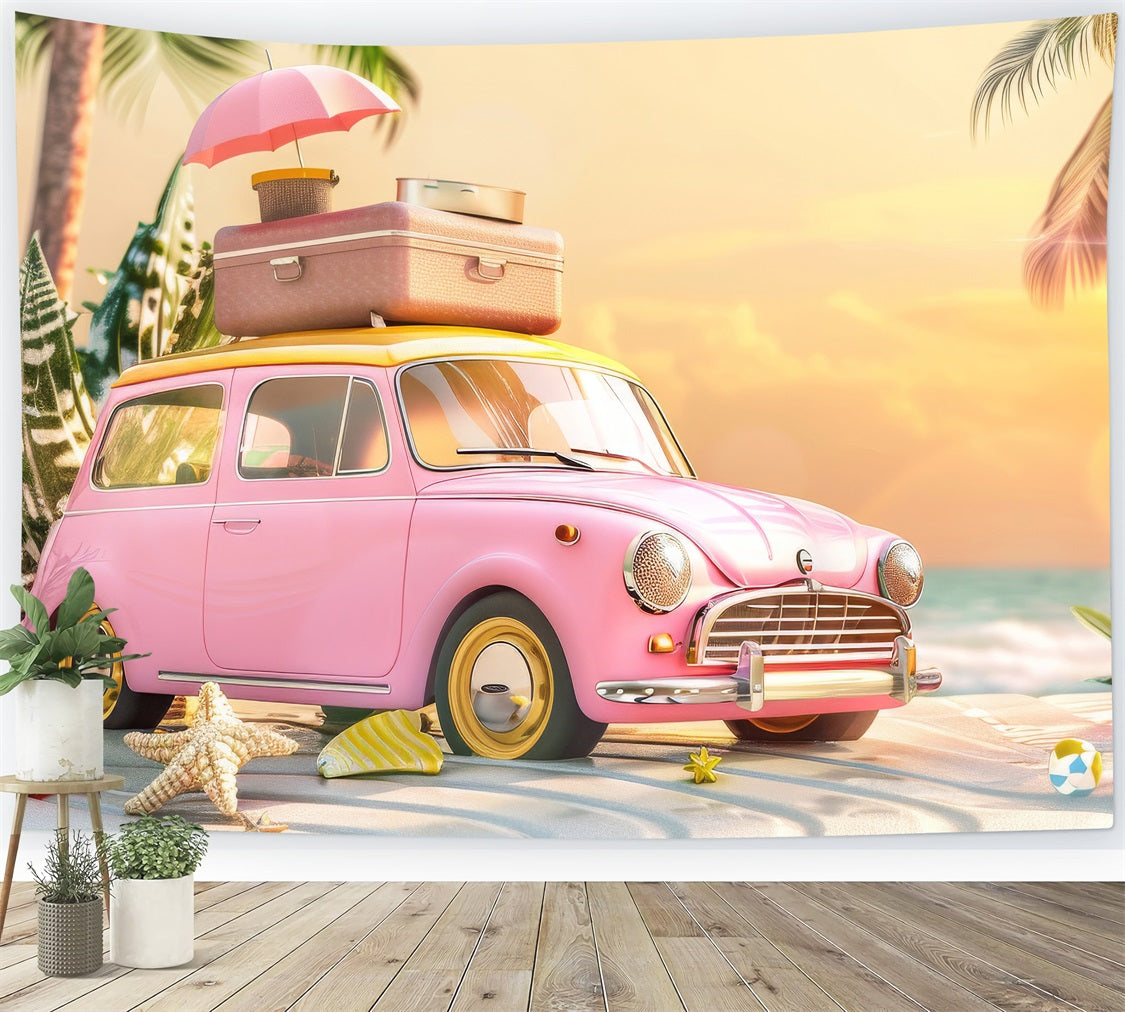 Backdrop Pink Girl Retro Car Pink Beach Backdrop CJJ2-102