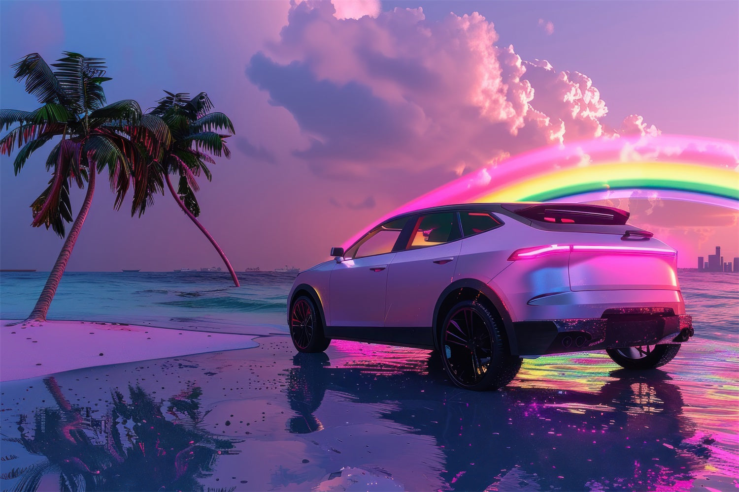 Pink Girl Movie Backdrop Tropical Neon Car Beach Backdrop CJJ2-106