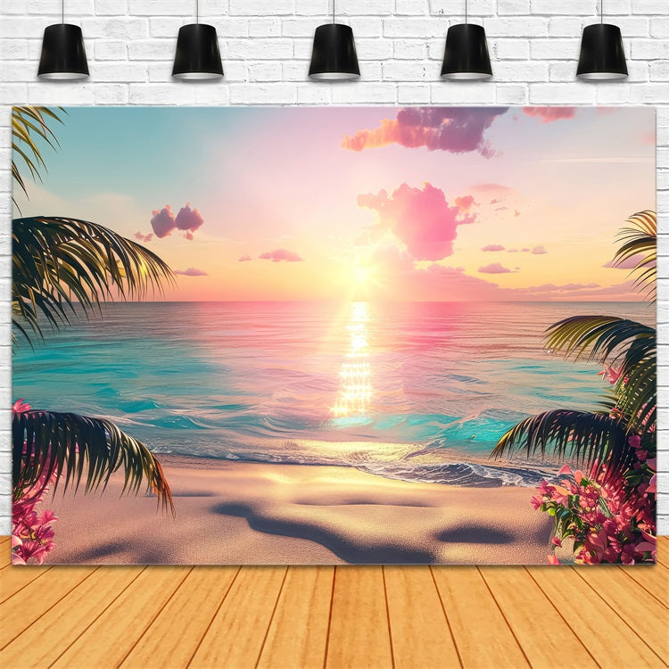 Pink Girl Backdrops Backdrop Sunset Paradise Pink Beach Backdrop CJJ2-113