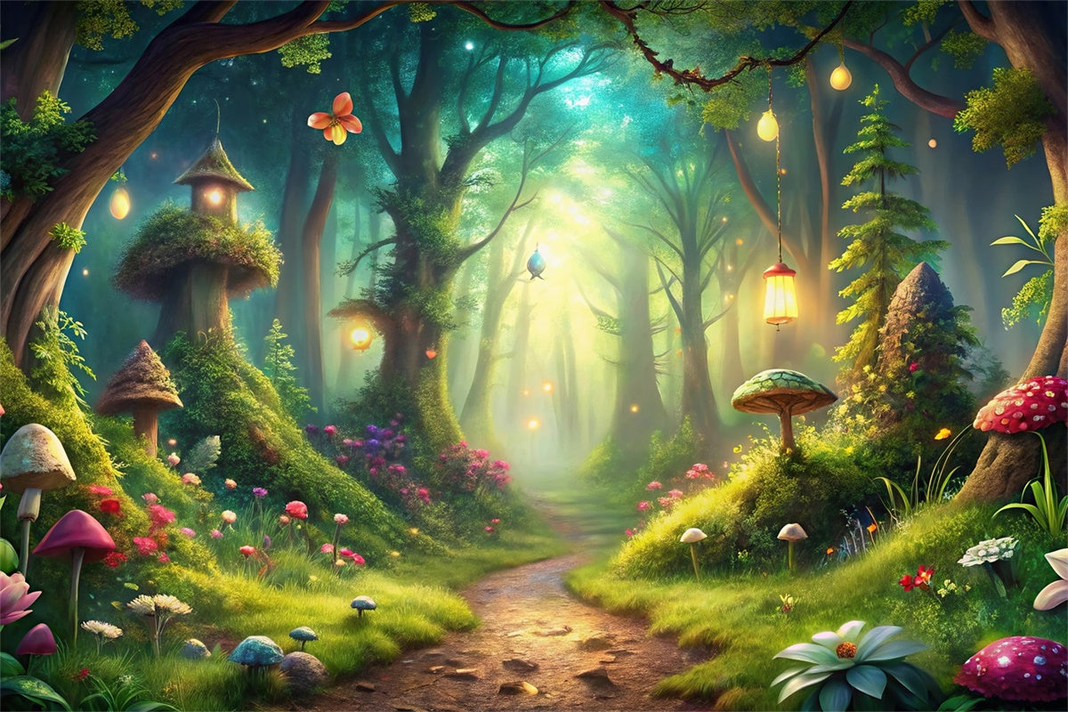 Fantasy Forest Backdrop Lantern Path Magical Mushrooms Backdrop CJJ2-125