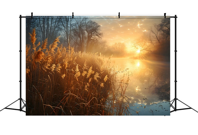 Forest Photography Backdrop Tranquil Reeds Sunlit Lake Backdrop CJJ2-136