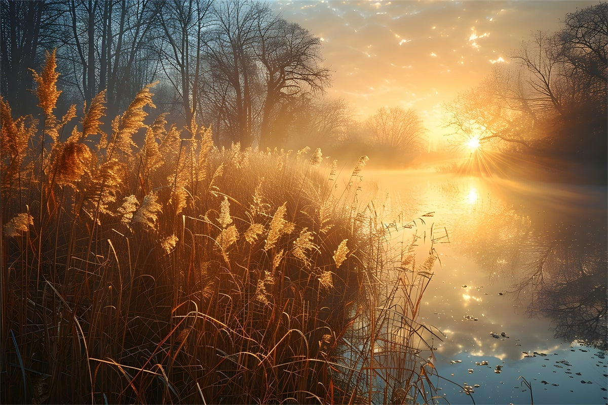 Forest Photography Backdrop Tranquil Reeds Sunlit Lake Backdrop CJJ2-136