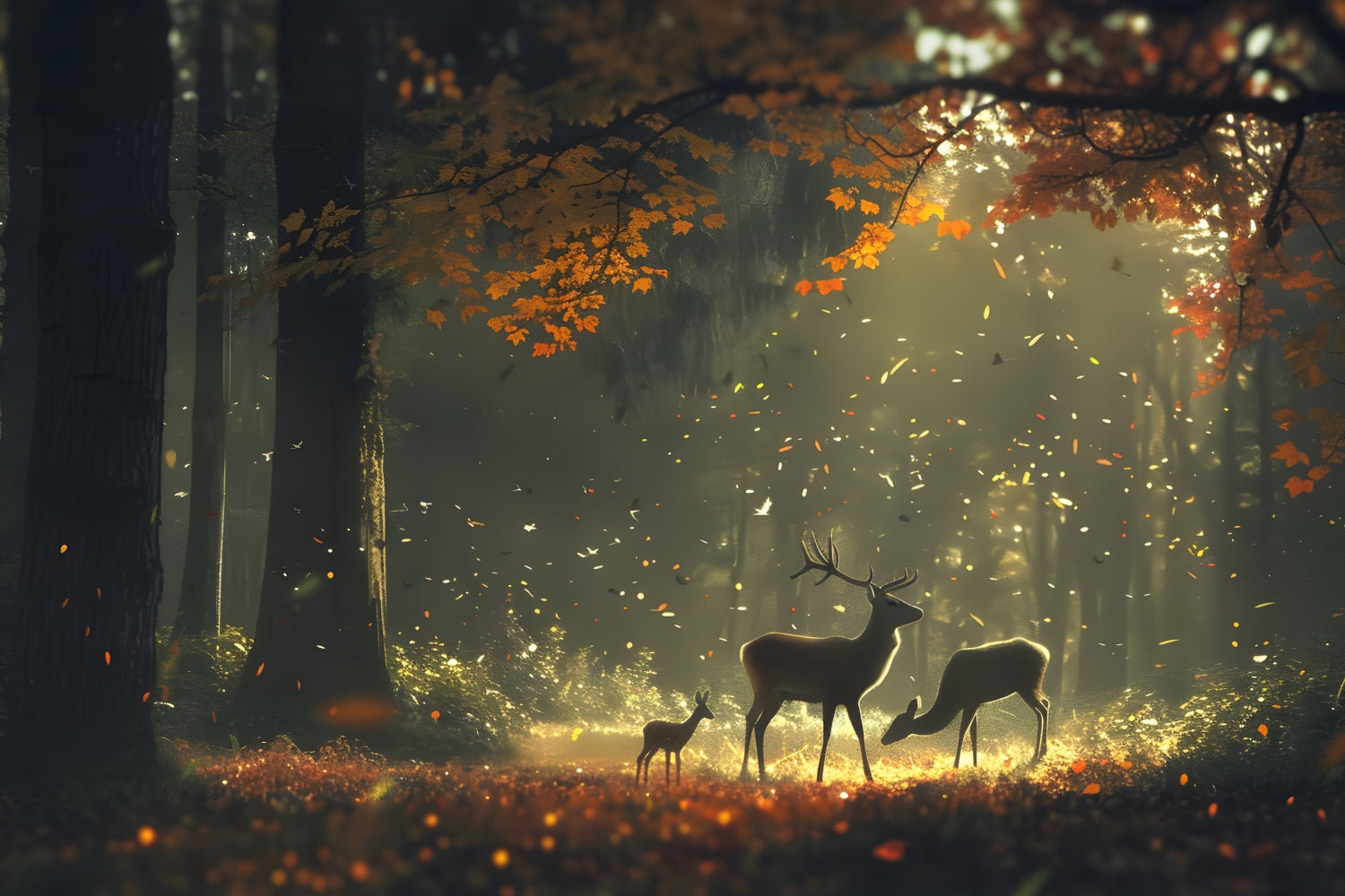 Autumn Forest Backdrop Autumn Sunlit Woods Deer Backdrop CJJ2-138