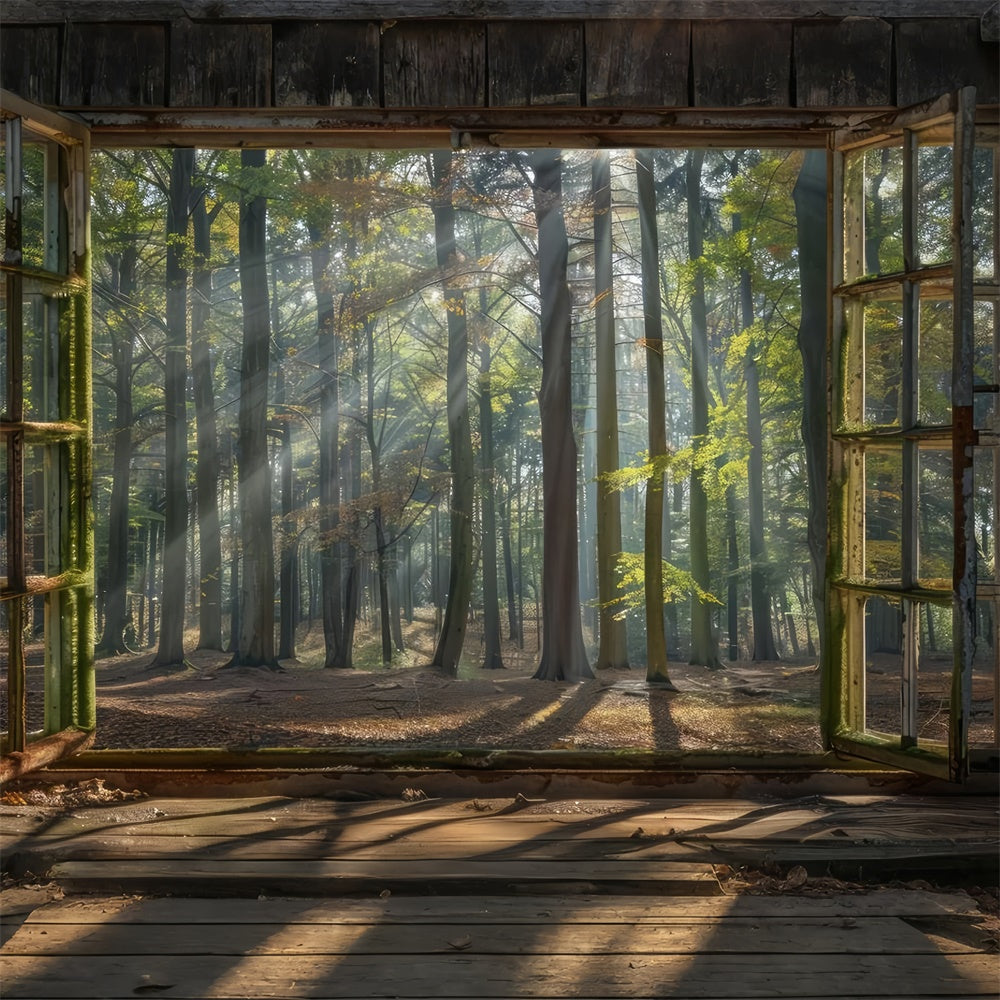 Forest Backdrop Ideas Vintage Cabin Window Sunbeams Backdrop CJJ2-31