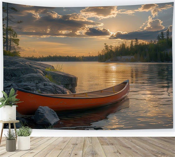 Photography Backdrop Forest Tranquil Dusk Canoe Shore Backdrop CJJ2-44
