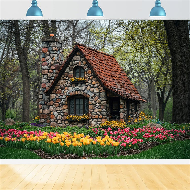 Forest Photo Backdrop Charming Flower Stone House Backdrop CJJ2-50