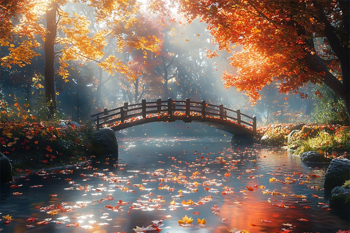 Autumn Forest Backdrop Tranquil Maple Leaves Bridge Backdrop CJJ2-52