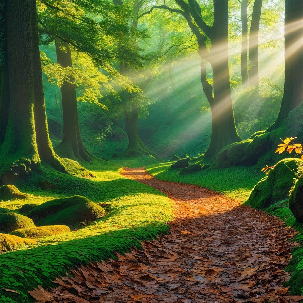 Forest Backdrop Photography Golden Sunbeam Mossy Path Backdrop CJJ2-53
