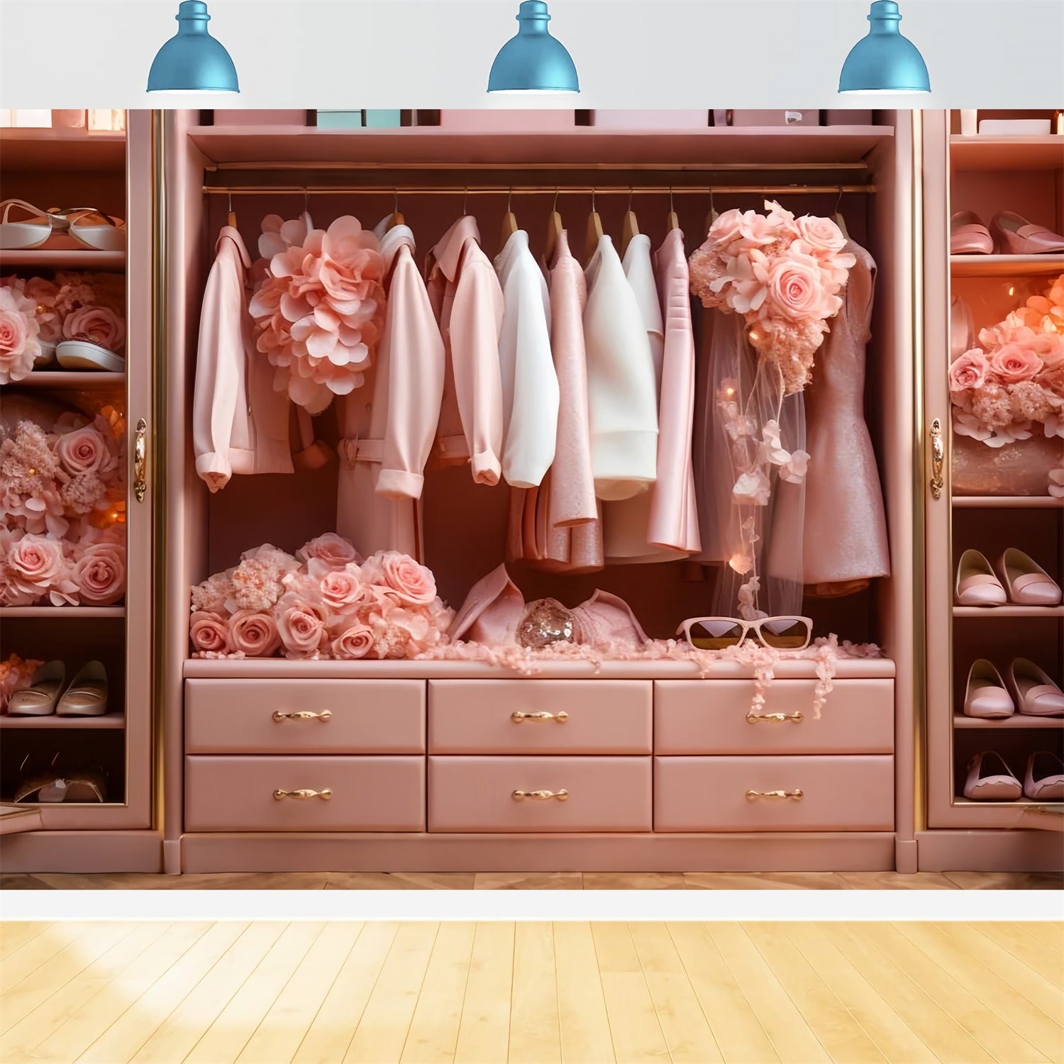 Fashion Doll Theme Backdrop Floral Pink Wardrobe Backdrop CJJ2-80