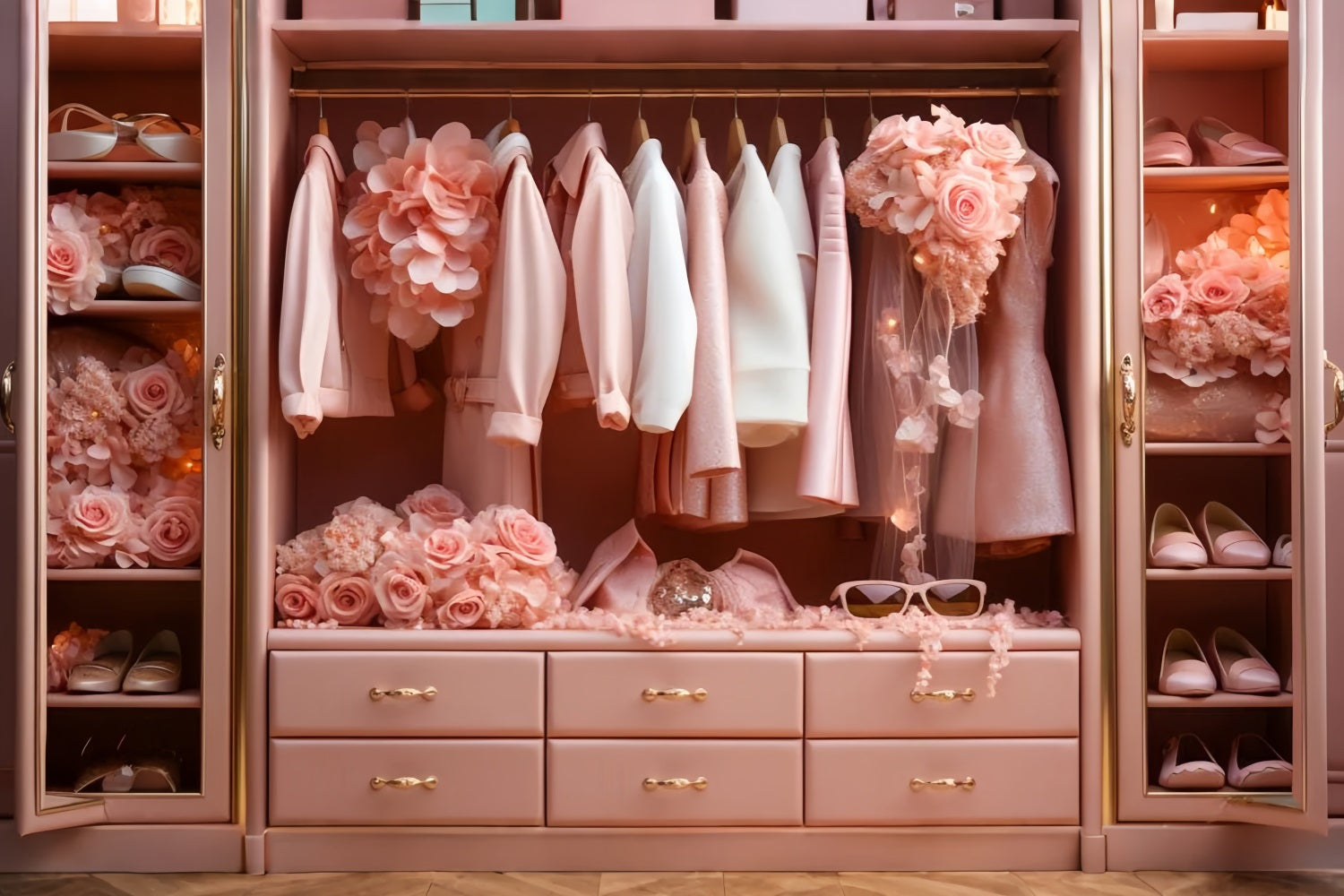 Fashion Doll Theme Backdrop Floral Pink Wardrobe Backdrop CJJ2-80