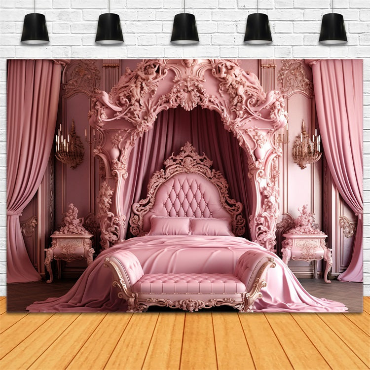 Pink Girl Dream House Backdrop Baroque Pink Bed Backdrop CJJ2-85