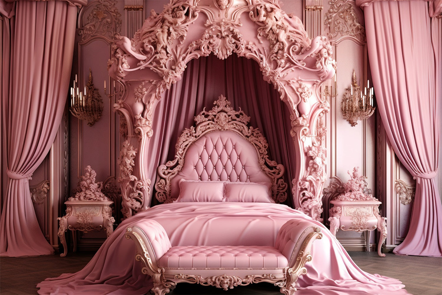 Pink Girl Dream House Backdrop Baroque Pink Bed Backdrop CJJ2-85