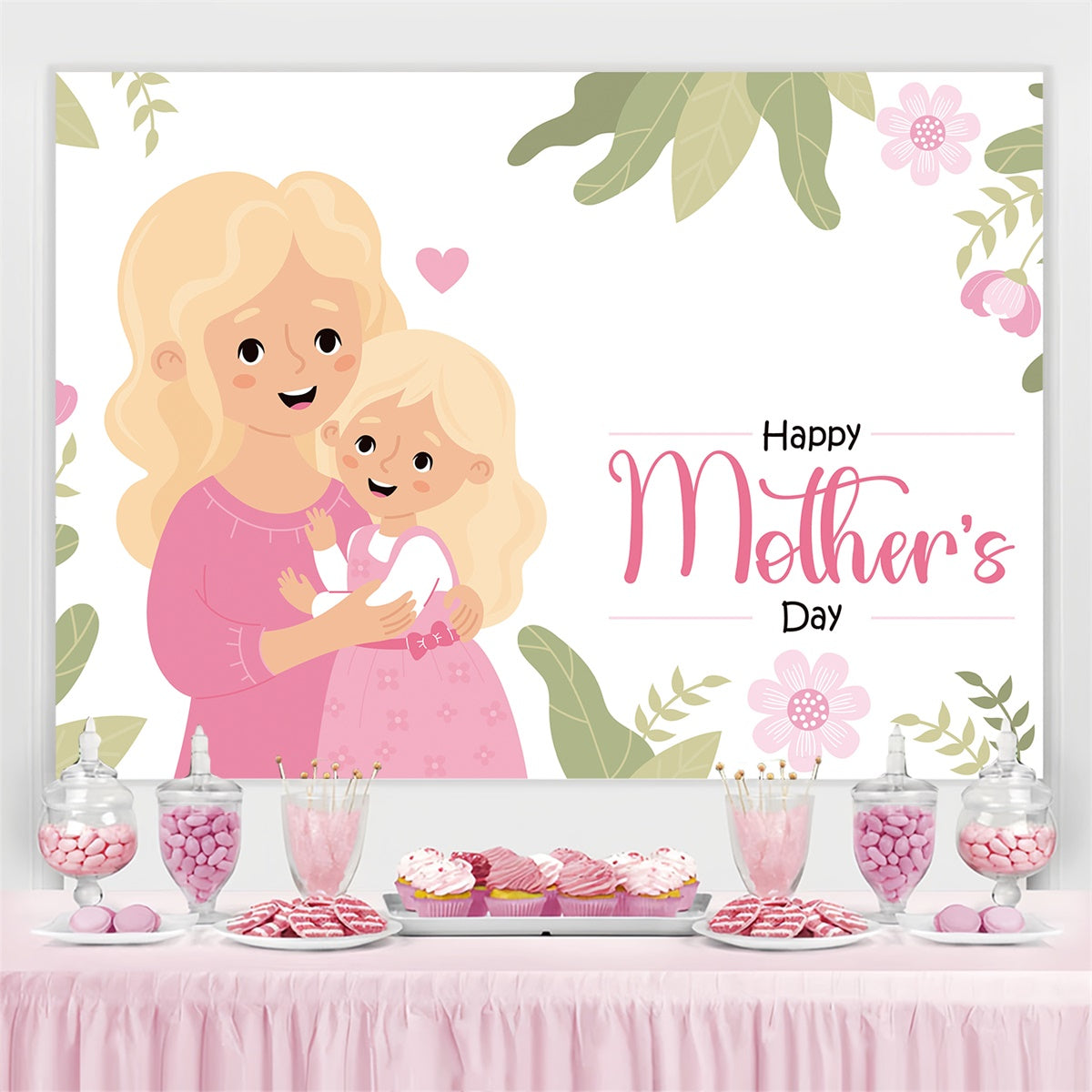 Mothers Day Backdrops Pink Floral Cartoon Personalized Backdrop CJJ3-125