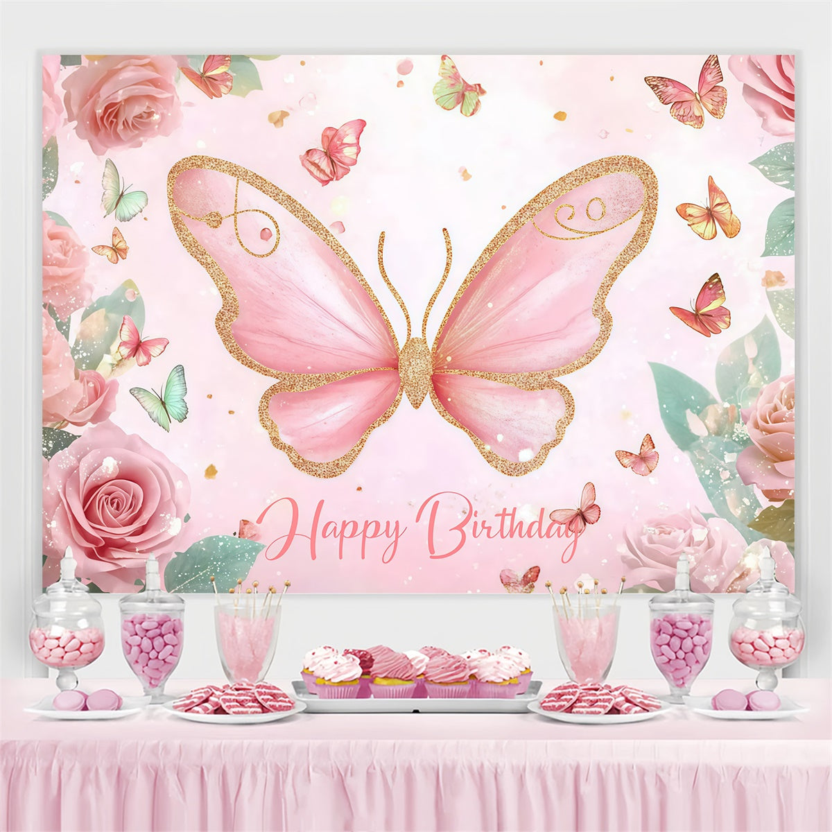 Customized Backdrop For Birthday Pink Butterfly Floral Backdrop CJJ3-203
