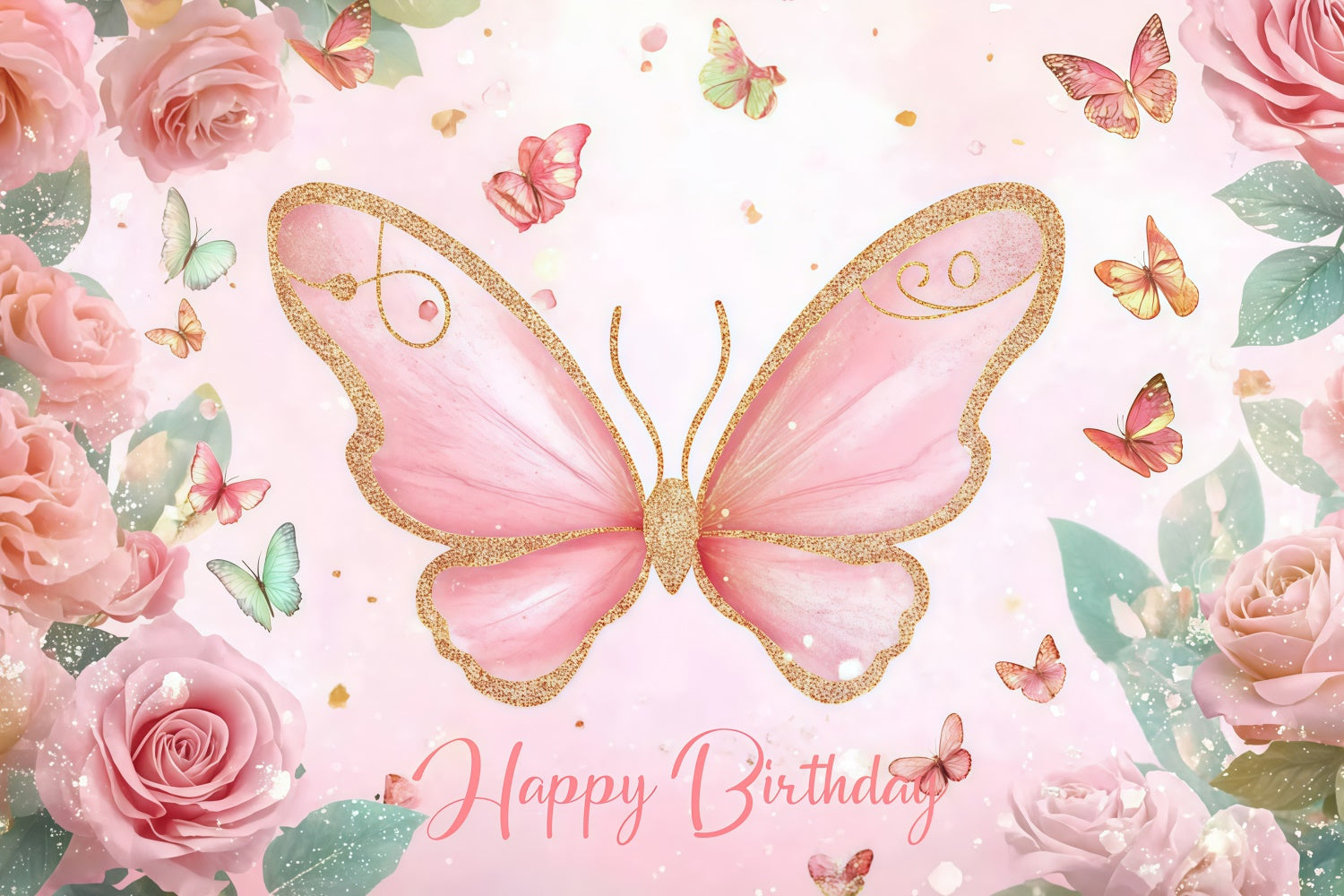 Customized Backdrop For Birthday Pink Butterfly Floral Backdrop CJJ3-203