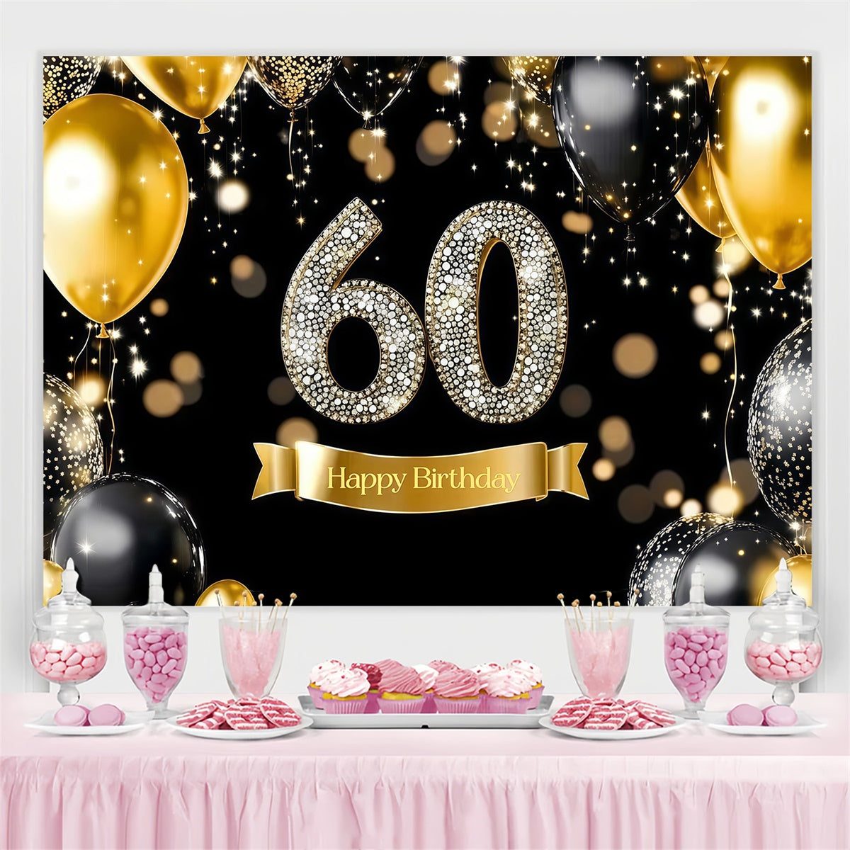 Customized Birthday Backdrop Shiny Diamond Balloon 60th Backdrop CJJ3-213