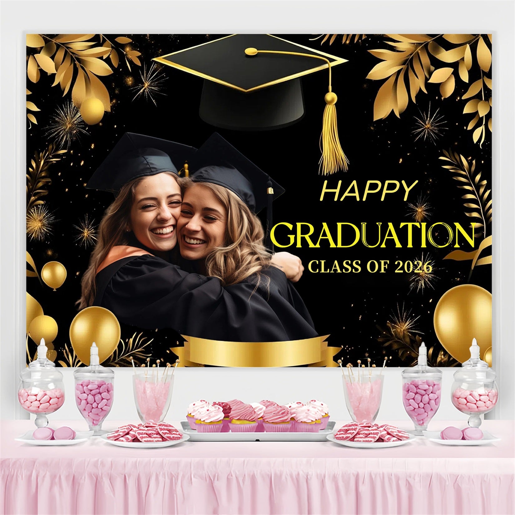 Graduation Backdrop Ideas Golden Cap Balloons Customized Party Graduation Backdrop CJJ3-281