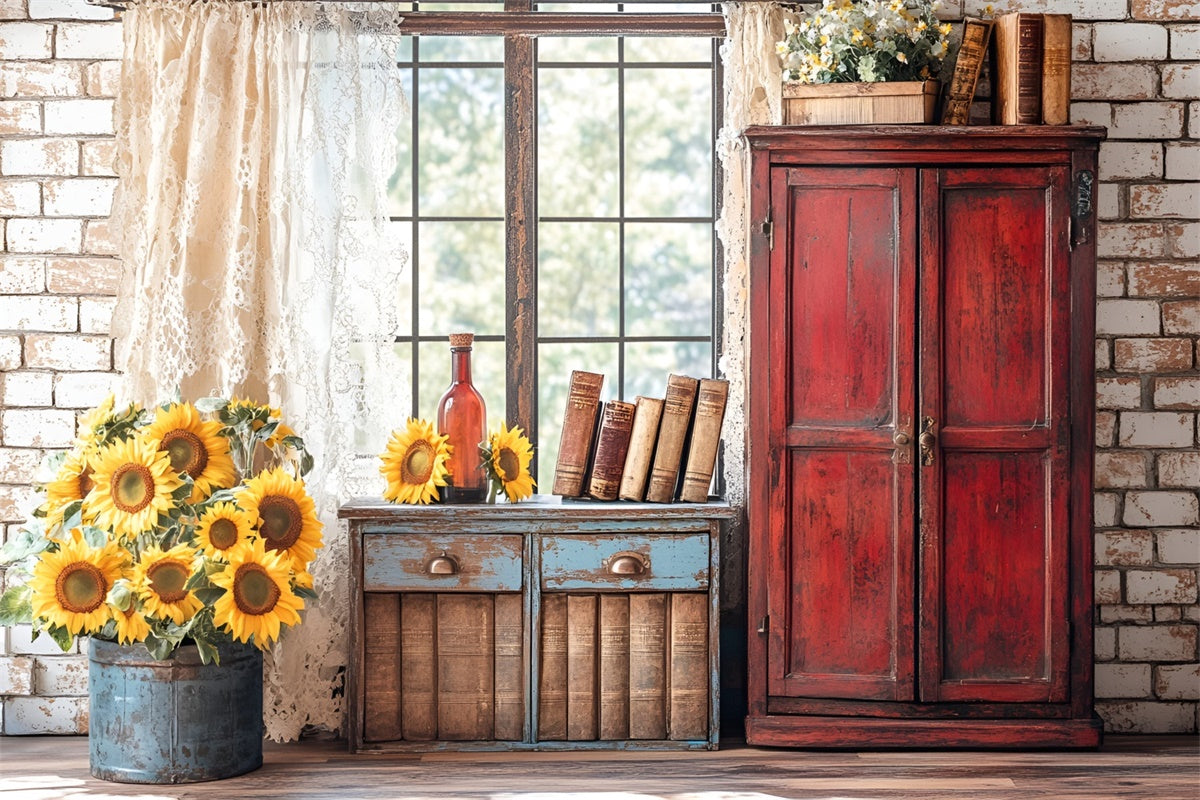 Back To School Photo Backdrop Sunflower Vintage Books Backdrop CSH3-10