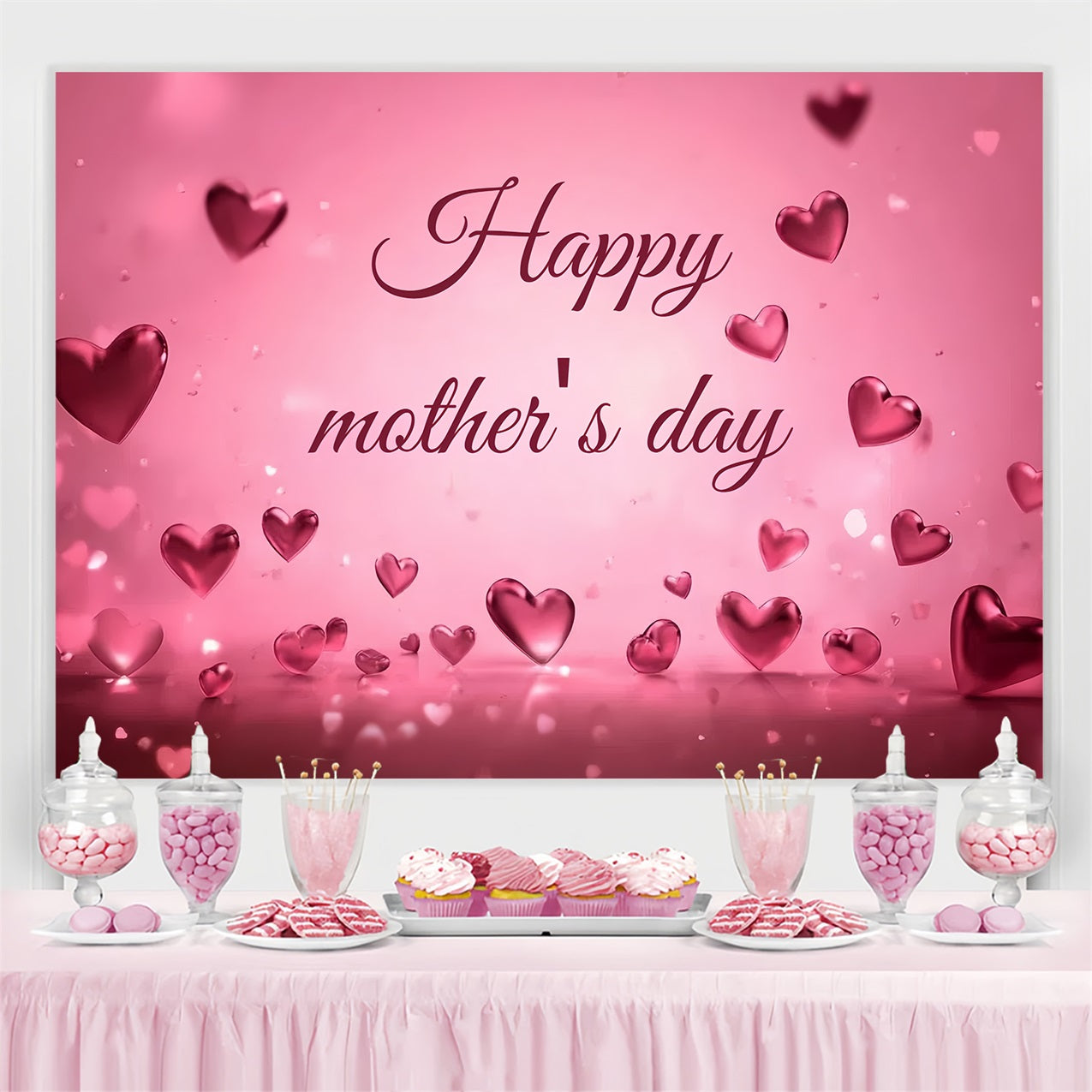 Mothers Day Photo Backdrops Pink Floating Hearts Customized Backdrop CSH3-185