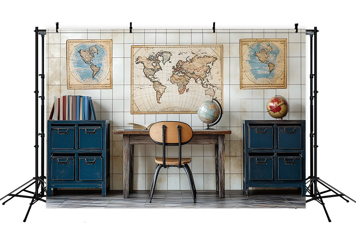 Back To School Backdrops Vintage World Map Geography Backdrop CSH3-19