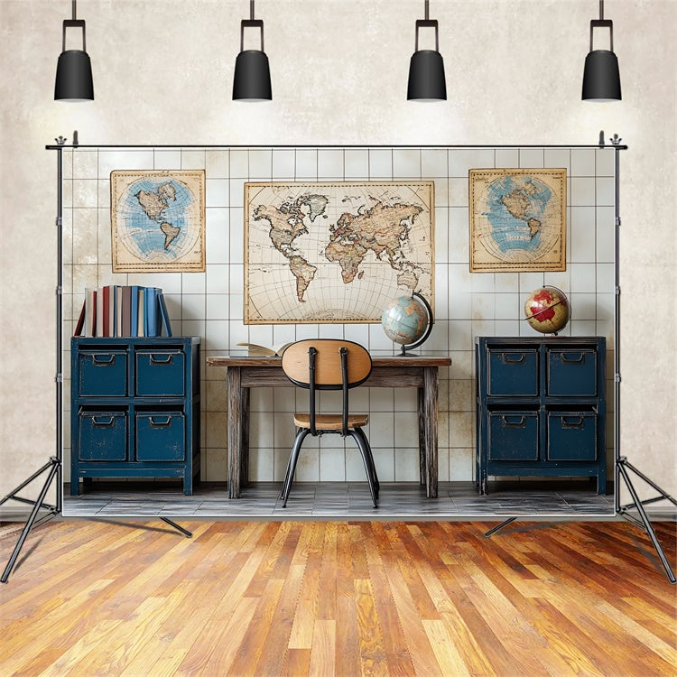 Back To School Backdrops Vintage World Map Geography Backdrop CSH3-19