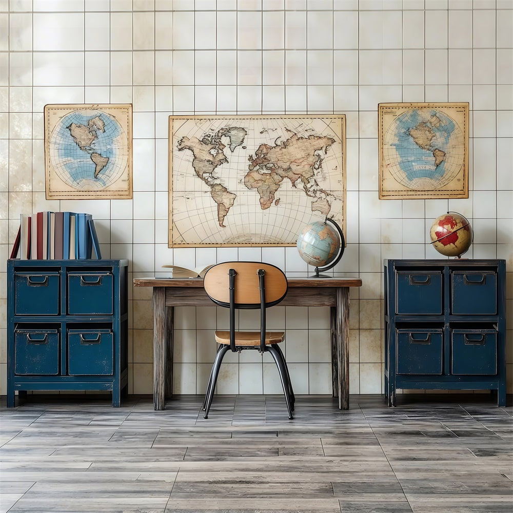 Back To School Backdrops Vintage World Map Geography Backdrop CSH3-19