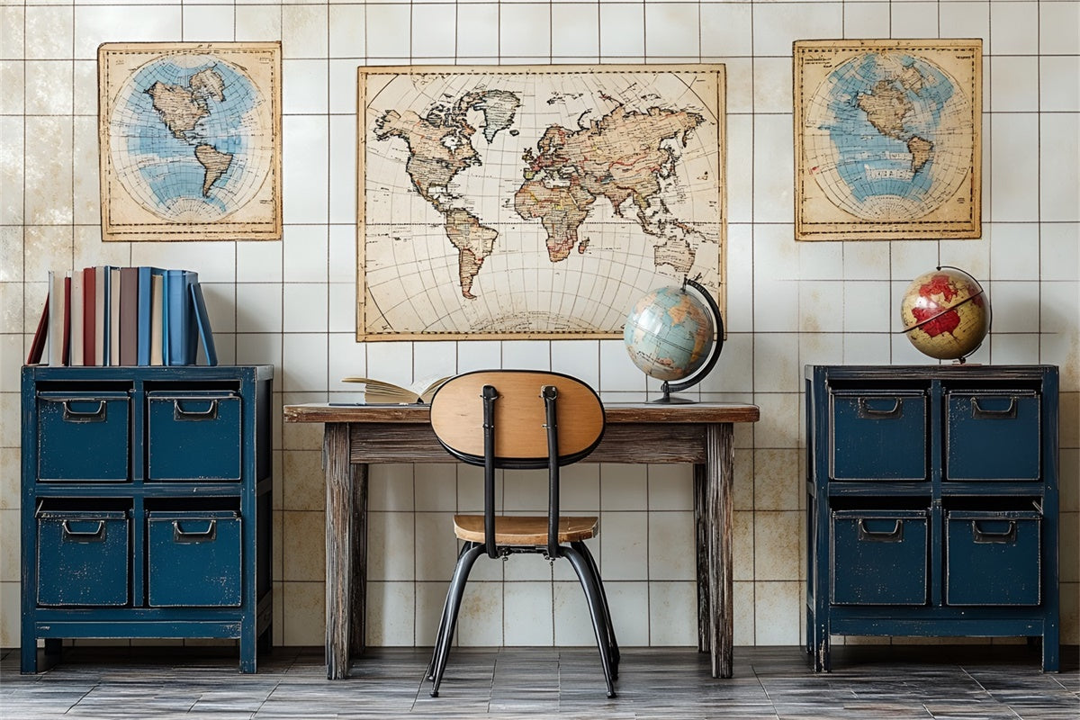 Back To School Backdrops Vintage World Map Geography Backdrop CSH3-19