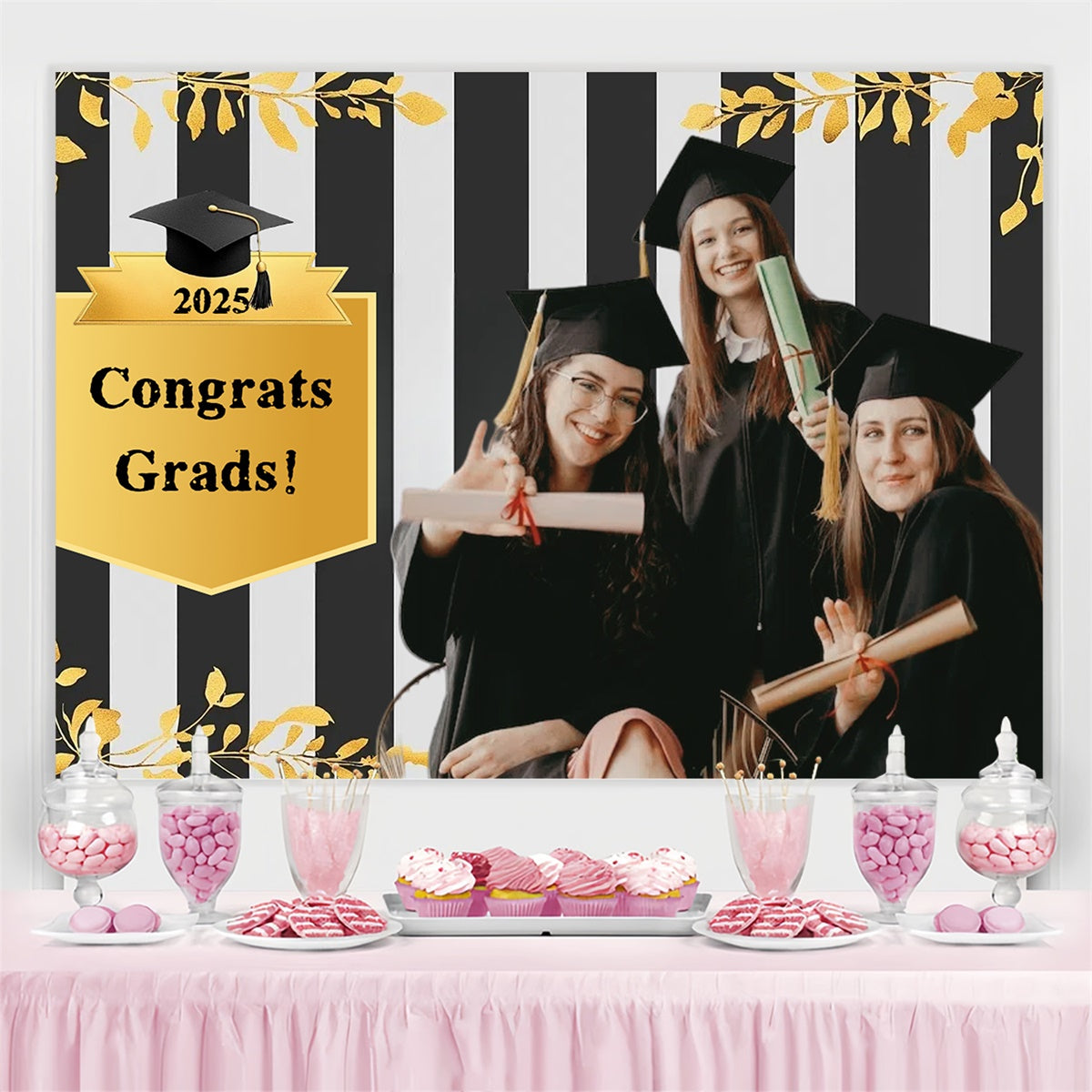 Custom Graduation Backdrop Black Striped Gold Trim Graduation Backdrop CSH3-254