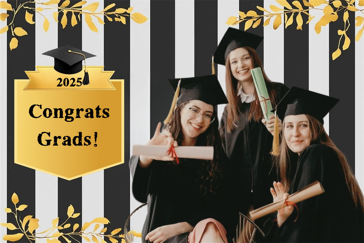 Custom Graduation Backdrop Black Striped Gold Trim Graduation Backdrop CSH3-254